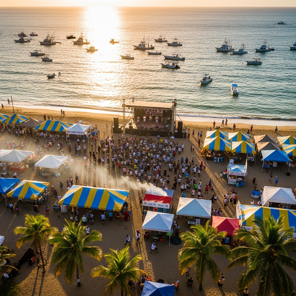 Beachside festival crowd at golden hour